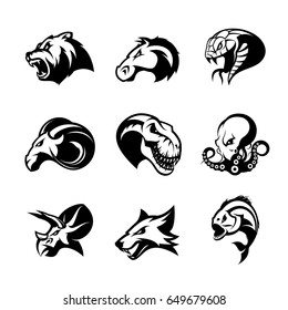 Bear, horse, snake, ram, fox, piranha, dinosaur, octopus head isolated vector logo concept. Modern badge mascot design. Premium quality wild animal, fish, reptile t-shirt tee print illustration.