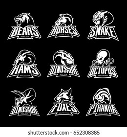 Bear, horse, snake, ram, fox, piranha, dinosaur, octopus head isolated vector logo concept. Modern badge mascot design. Premium quality wild animal, fish, reptile t-shirt tee print illustration.