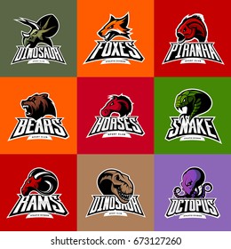 Bear, horse, snake, ram, fox, piranha, dinosaur, octopus head isolated vector logo concept. Modern badge mascot design. Premium quality wild animal, fish, reptile t-shirt tee print illustration.