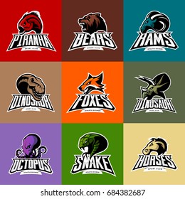 Bear, horse, snake, ram, fox, piranha, dinosaur, octopus head isolated vector logo concept. Modern badge mascot design. Premium quality wild animal, fish, reptile t-shirt tee print illustration.
