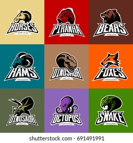 Bear, horse, snake, ram, fox, piranha, dinosaur, octopus head isolated vector logo concept. Modern badge mascot design. Premium quality wild animal, fish, reptile t-shirt tee print illustration.