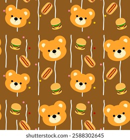 Bear, hotdog, hamburger on brown background, white lines, fabric pattern, gift wrapping paper , seamless pattern 
