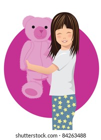 Bear Hug A cute little girl in pajamas hugs her big pink teddy bear.
