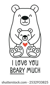 Bear hug I love you beary much vector line drawing illustration