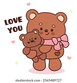 Bear hug Teddy bear doll card valentine animals in coffee mug (Cute cartoon). Series: kawaii sticker whimsical characters. Perfect for romantic wedding vector Flat clipart banner t shirt design.