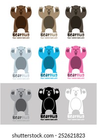 Bear Hug vector logo template of a bear raising his front legs. Available in six colors, gray, black and white. A nice and friendly logo, ideal for children companies, wildlife, nature, funny, etc.