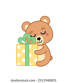 Bear is hugging a big yellow gift box. Present with big bow. Cartoon, kawaii, Isolated vector illustration eps 10