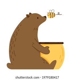 Bear hugging a jar of honey. Bear and Bee cartoon vector. Honey jar vector. Bear character.