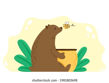 Bear hugging a jar of honey. Bear and Bee cartoon vector. Honey jar vector. Bear character.