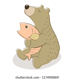 A bear hugging salmon fish vector cartoon isolated white background  Cute pastel bear vector cartoon illustration  