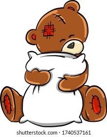 Bear huging pillow , illustration, vector on white background