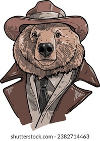 bear in human clothes, hat coats and jackets, stylized cartoon color graphic drawing