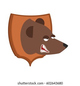 Bear hunter trophy. Grizzly head on shield. Face wild beast
