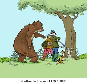 Bear hunting hunters. Hunter trophy hunt prey of bear and hare for hunting season