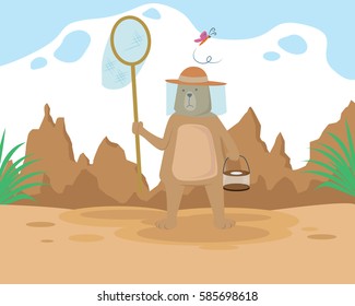 a bear hunting insect in the jungle cartoon vector