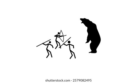 bear hunting primitive man, black isolated silhouette