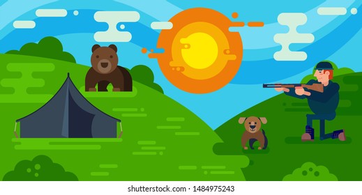Bear hunting vector illustration. Hunter with dog and bear cartoon characters. Trophy hunt prey of bear for hunting season. Sport adventure.