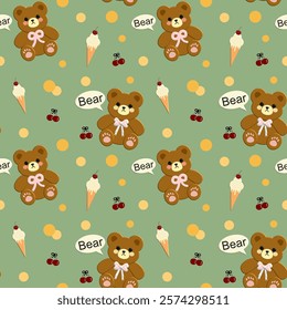Bear, ice cream, cherry on green background, fabric pattern, wrapping paper pattern, notebook cover , seamless pattern 