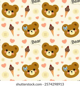 Bear, ice cream, Cookie, pink heart ,on yellow background, fabric pattern, wrapping paper pattern, notebook cover , seamless pattern 