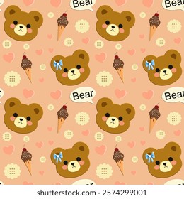 Bear, ice cream, Cookie, pink heart on pink background, fabric pattern, wrapping paper pattern, notebook cover , seamless pattern 