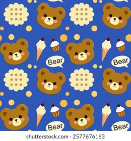 Bear, ice cream, cupcake on blue background, fabric pattern, wrapping paper pattern, notebook cover , seamless pattern 