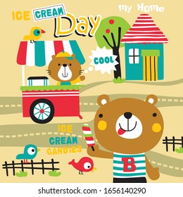 bear and ice cream funny animal cartoon,vector illustration