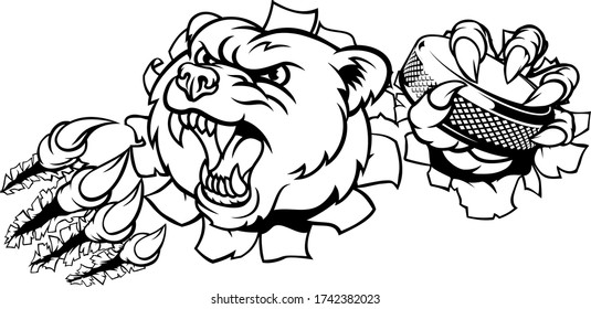 A bear ice hockey player animal sports mascot holding a hockey puck