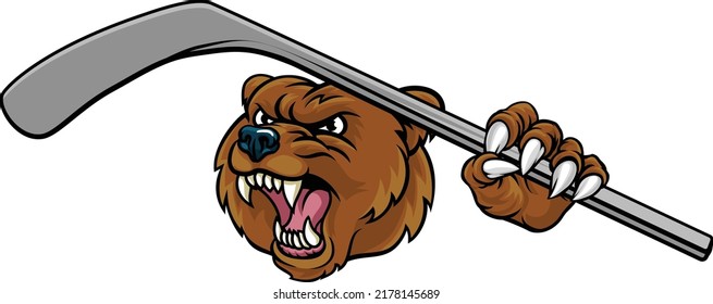 A bear ice hockey player animal sports mascot holding a hockey stick 