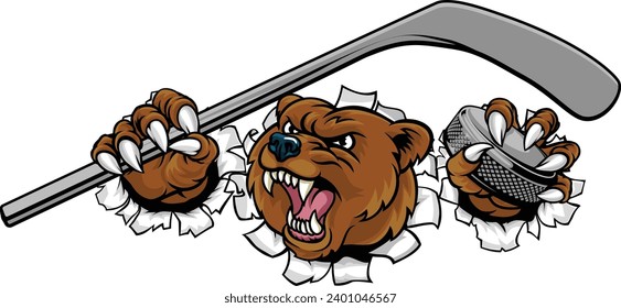 A bear ice hockey player animal sports mascot holding a hockey stick and puck