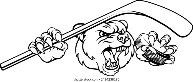 A bear ice hockey player animal sports mascot holding a hockey stick and puck