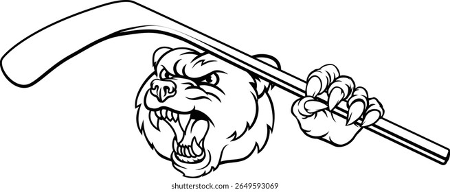 Um urso jogador de hóquei no gelo animal mascote esportivo segurando um bastão de hóquei 