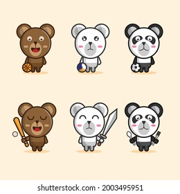 bear, ice bear and panda character with ball, sword, baseball bat and  cutlery vector design