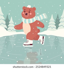 Urso patinando no gelo em um lago da floresta. Ilustração plana do vetor de inverno das crianças