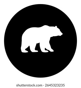A bear icon in the center. Isolated white symbol in black circle. Vector illustration on white background