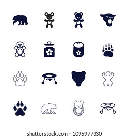 Bear icon. collection of 16 bear filled and outline icons such as animal paw, baby toy. editable bear icons for web and mobile.