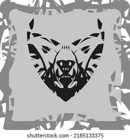 Bear icon in heart form on gray for fabric products or emblems. Head grizzly Brown Bear in tribal style for logos, labels, fashion trends, web icons, embroidery, textiles, rest or travel, tattoo, etc.
