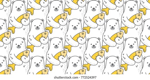 Bear icon polar bear teddy catching fish vector doodle seamless pattern wallpaper