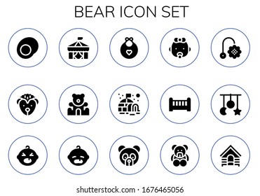 bear icon set. 15 filled bear icons.  Simple modern icons such as: Gummy, Hedgehog, Circus, Teddy bear, Baby bib, Igloo, Baby, Crib, Toy, Crib toy, Panda Dog