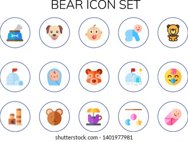 bear icon set. 15 flat bear icons.  Simple modern icons about  - dog, igloo, baby, racoon, teddy bear, toy, spinning teacup, crib toy
