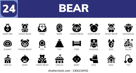 bear icon set. 24 filled bear icons.  Collection Of - Baby bib, Teddy bear, Feed, Baby, Panda Hedgehog, Gummy, Toy, Crib, Russian, Dog, Igloo, Circus