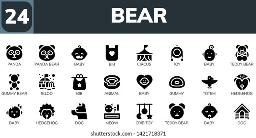 bear icon set. 24 filled bear icons.  Simple modern icons about  - Panda, Panda bear, Baby, Bib, Circus, Toy, Teddy Gummy Igloo, Animal, Gummy, Totem, Hedgehog, Dog