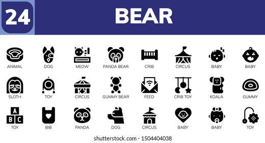 bear icon set. 24 filled bear icons.  Collection Of - Animal, Dog, Meow, Panda bear, Crib, Circus, Baby, Sloth, Toy, Gummy Feed, Crib toy, Koala, Gummy, Bib, Panda
