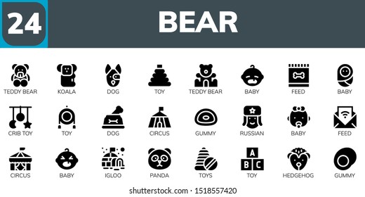 bear icon set. 24 filled bear icons.  Simple modern icons about  - Teddy bear, Koala, Dog, Toy, Baby, Feed, Crib toy, Circus, Gummy, Russian, Igloo, Panda, Toys, Hedgehog