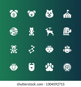 bear icon set. Collection of 16 filled bear icons included Hedgehog, Paw, Bib, Baby, Ursa major, Teddy bear, Dog, Gummy Jawbreaker, Circus, Koala