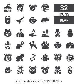 bear icon set. Collection of 32 filled bear icons included Baby, Gummy bear, Koala, Panda, Teddy Hedgehog, Dog, Ursa major, Circus, Paw, Toy, Pyre, Bison, Balalaika