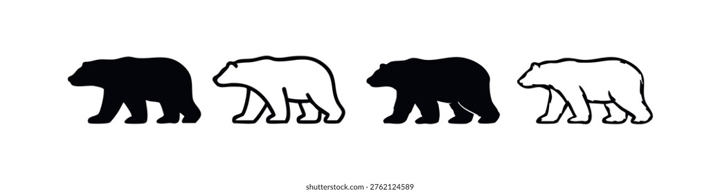 Bear icon set (version 2). Wild animal simple flat and line art vector illustration.