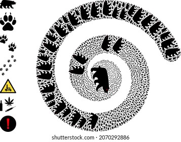 Bear icon spiral swirl composition. Bear icons are composed into spiral design concept. Object twirl combined from randomly placed bear icons. Some similar icons are added.