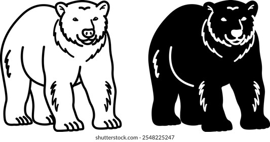 Bear Icons. Schwarzweiß-Vektorgrafik. Raubtier, Säugetier. Großer Bär mit Pelz und kleinen Ohren. Zum Färben des Buchdesigns. Tierkonzept