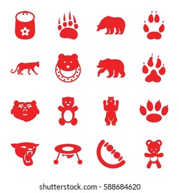 bear icons set. Set of 16 bear filled icons such as animal paw, panther, baby toy
