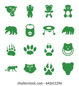 Bear icons set. set of 16 bear filled icons such as animal paw, panther, baby toy